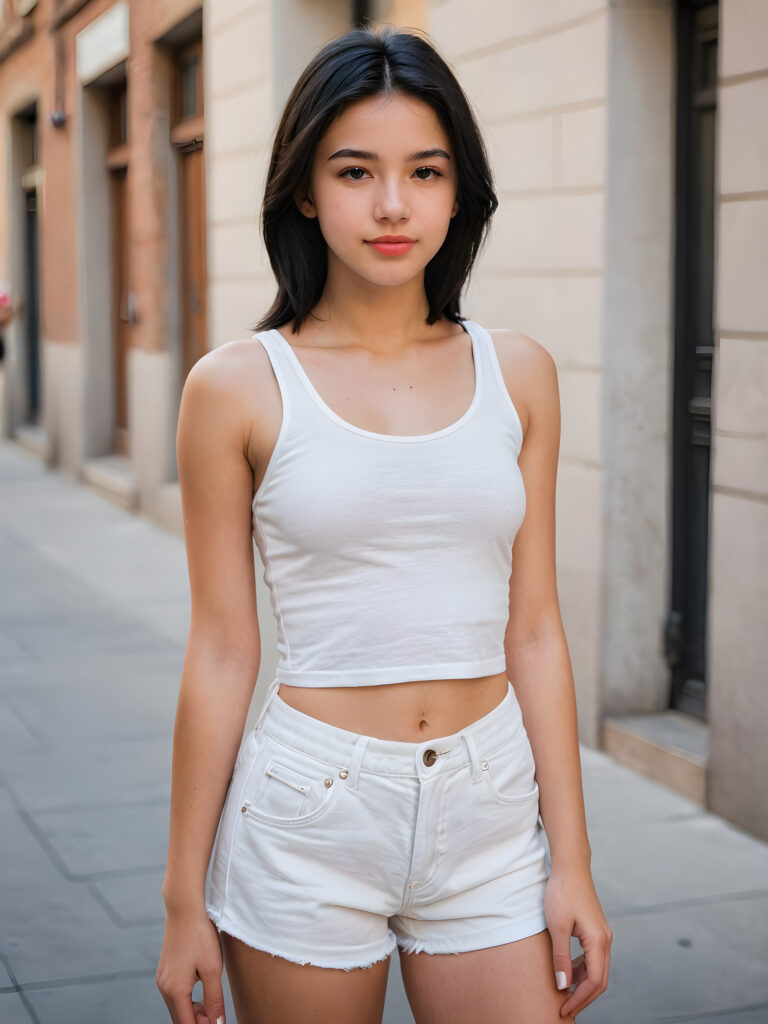 a beautifully portrait (((teen girl))) with softly (straight black hair), full lips, (full body), she wears a white short crop tank top, perfect curved body, in a city