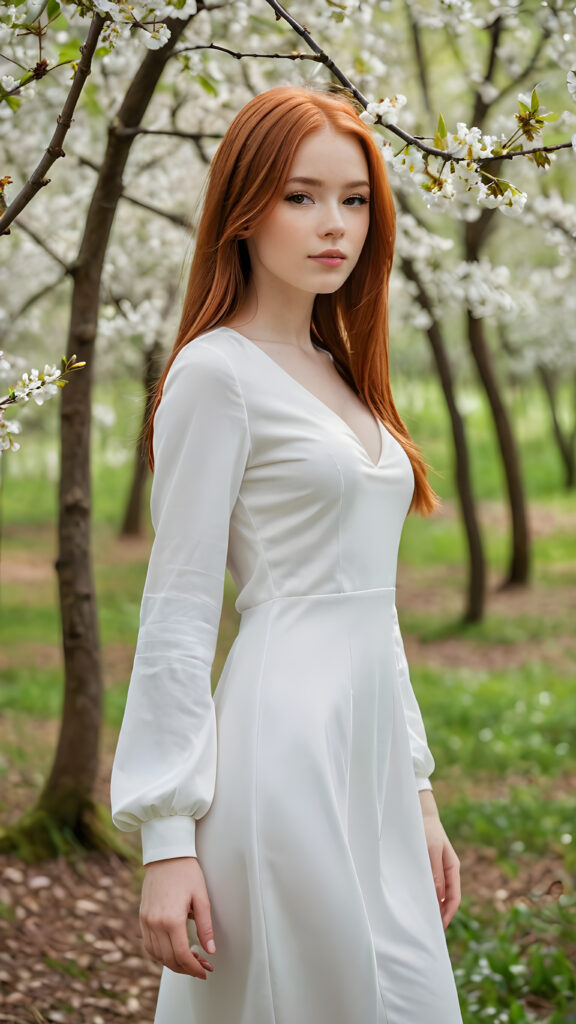 a beautifully realistic (((teen girl))) with flowing, (((straight red hair))), dressed in a timelessly classic style in (((white thin clothes))) ((perfect curved body)) ((stands in a blossoming cherry forest))