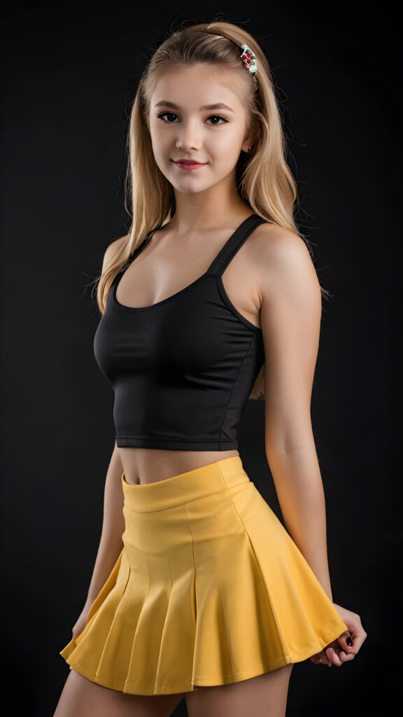 a beautifully realistic cute ((in cheerleader look)) ((teen girl))) ((perfect curved body)) ((black background)) ((dressed in black crop top)) (((yellow short round mini skirt)))
