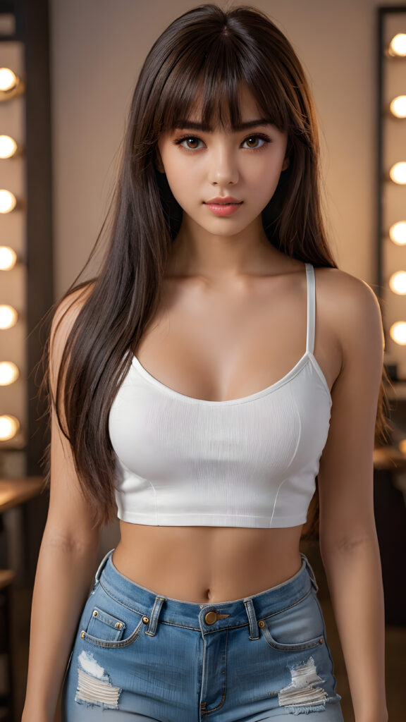 a beautifully realistic, cinematic lights, Exotic teen girl, bangs haircut, detailed dark hair, realistic detailed angelic face, ((realistic detailed brown eye)) looks at the camera, portrait shot, perfect curved, wears a super short tight (white crop top) made on thin silk, super short jeans pants, perfect anatomy, ((full body view)) of (((cute))) (((elegant))) ((attractive)) (((long, straight hair))) ((stunning))