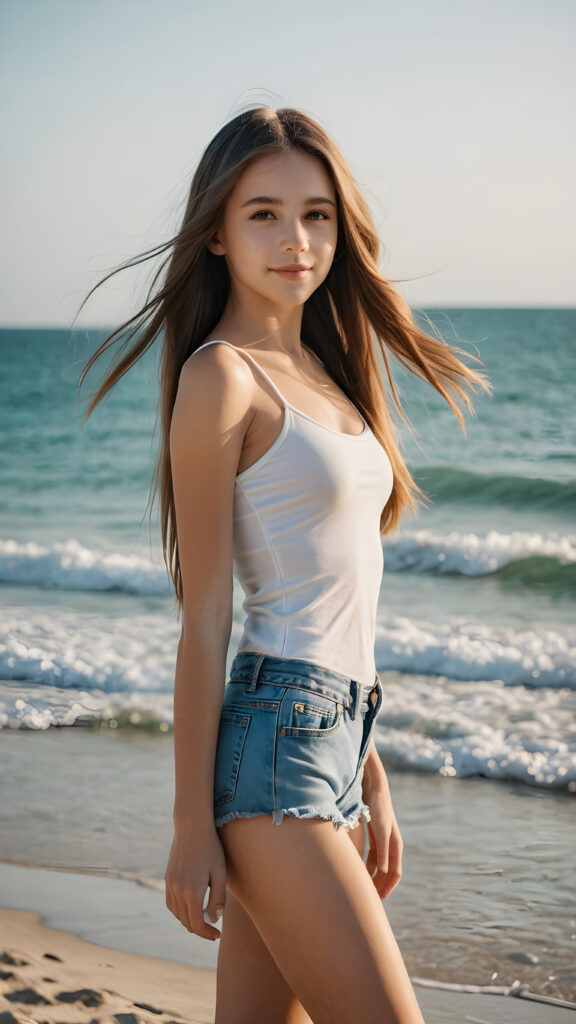 a beautifully realistic cute model (((teen girl))) (((straight hair))) ((perfect curved body)) ((full body shot)) ((perfect pose)) ((beach))
