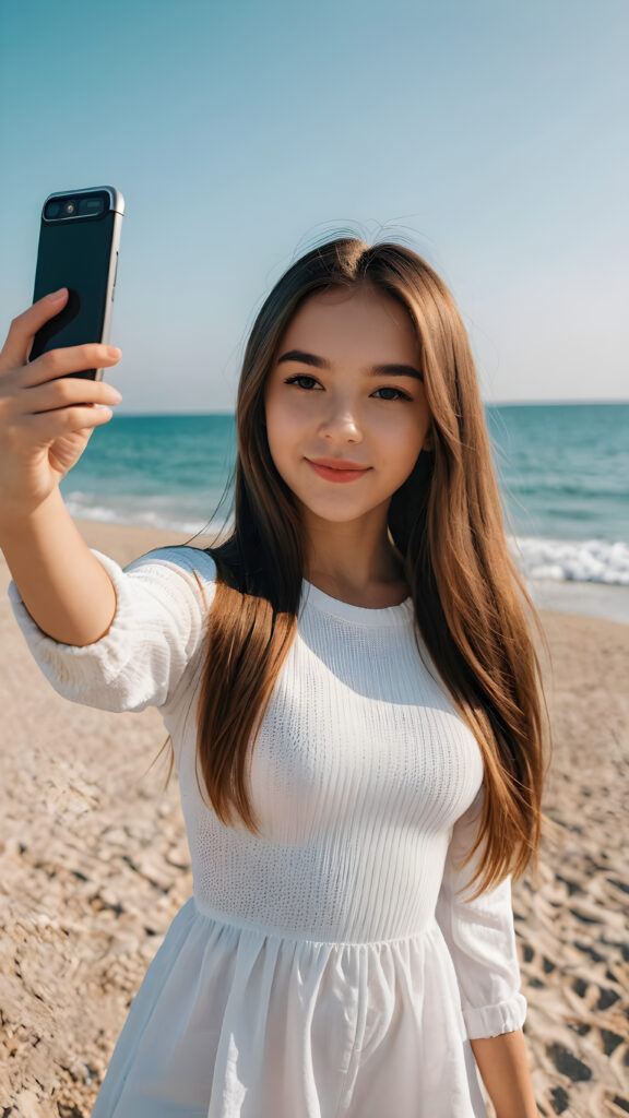 a beautifully realistic cute influencer (((teen girl))) (((straight hair))) ((perfect curved body)) ((take a selfie)) ((perfect pose)) ((at beach))