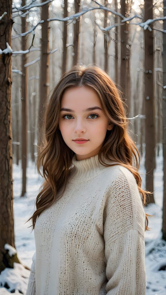 a (((breathtakingly realistic beautiful teenage girl))) dressed in thin wool sweater with flowing, brown sleek straight hair, standing in a (((winter forest))), her features and complexion mirroring the serene wonder of a softly falling winter scene, perfect formed fit body, perfect shadown and lights