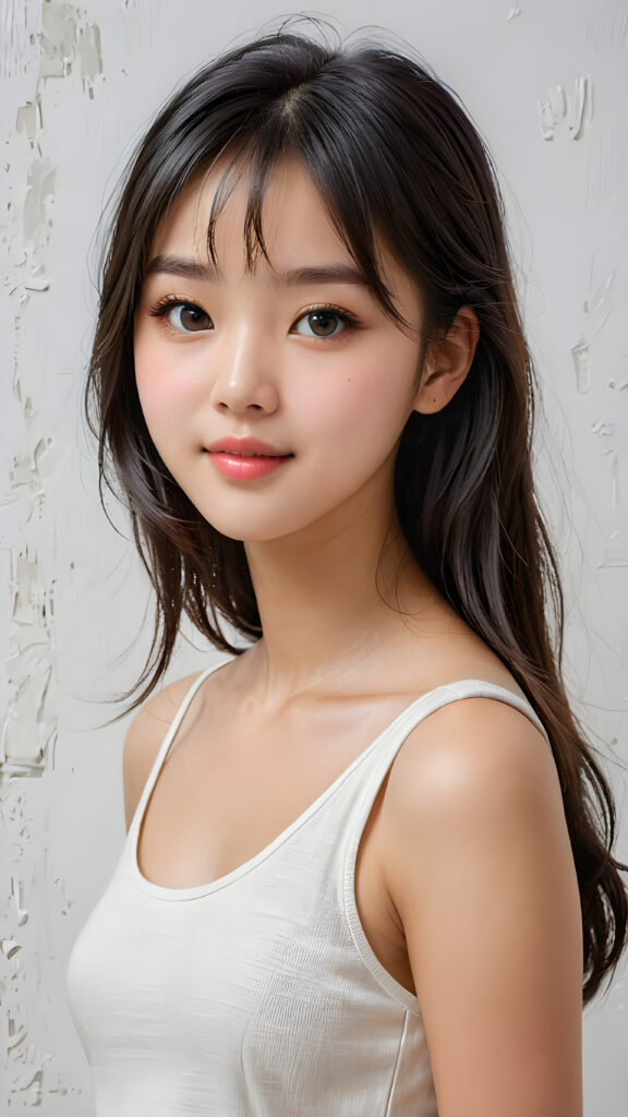 a (((breathtakingly realistic portrait))) capturing the essence of a cute youthful Korean teen girl, 15 years old, warm smile, with a flawlessly proportioned upper body, perfect curved fit body, straight, long, soft obsidian black hair in bangs cut, flawless, beautiful smooth skin, round angelic face with full kissable lips, wearing a thin and super sleek tank top, poised confidently against a (((white canvas background)))