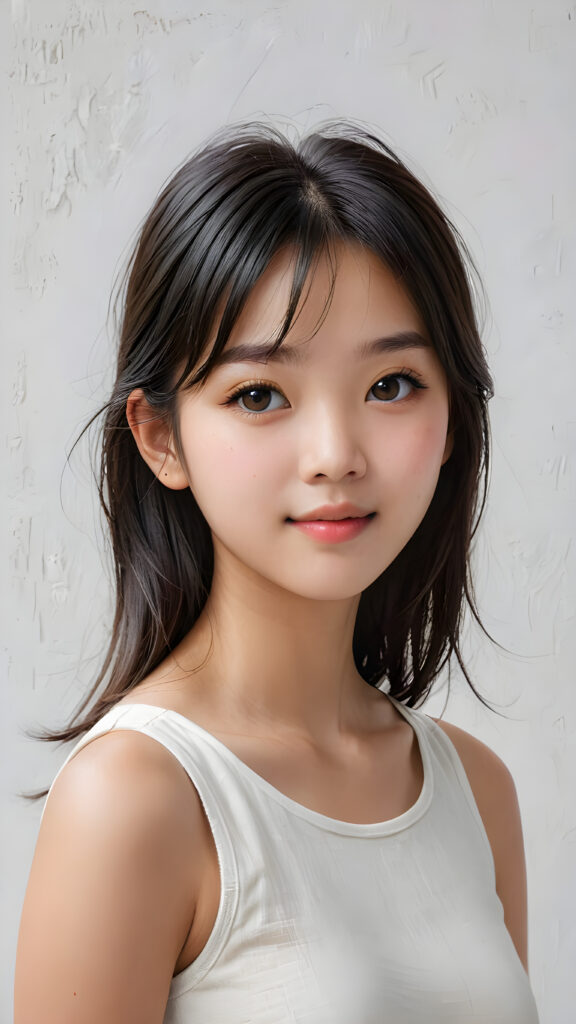 a (((breathtakingly realistic portrait))) capturing the essence of a cute youthful Korean teen girl, 15 years old, warm smile, with a flawlessly proportioned upper body, perfect curved fit body, straight, long, soft obsidian black hair in bangs cut, flawless, beautiful smooth skin, round angelic face with full kissable lips, wearing a thin and super sleek tank top, poised confidently against a (((white canvas background)))