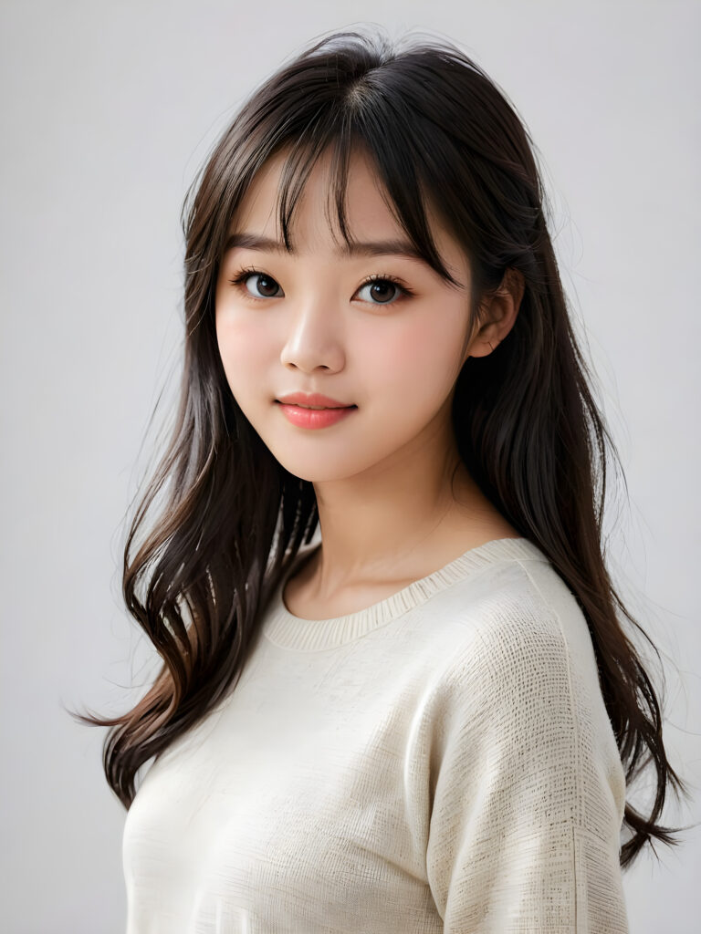 a (((breathtakingly realistic portrait))) capturing the essence of a cute youthful Korean teen girl, 15 years old, warm smile, with a flawlessly proportioned upper body, perfect curved fit body, straight, long, soft obsidian black hair in bangs cut, flawless, beautiful smooth skin, round angelic face with full kissable lips, wearing a thin and super sleek wool sweater, light blue eyes, poised confidently against a (((white canvas background)))