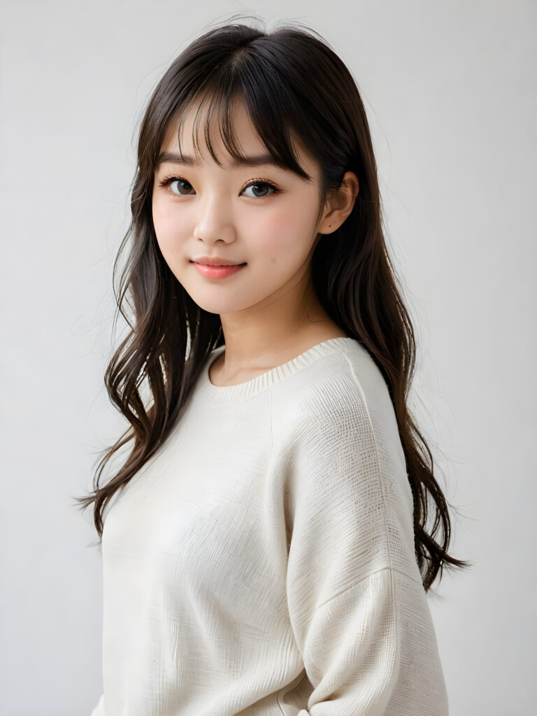 a (((breathtakingly realistic portrait))) capturing the essence of a cute youthful Korean teen girl, 15 years old, warm smile, with a flawlessly proportioned upper body, perfect curved fit body, straight, long, soft obsidian black hair in bangs cut, flawless, beautiful smooth skin, round angelic face with full kissable lips, wearing a thin and super sleek wool sweater, light blue eyes, poised confidently against a (((white canvas background)))