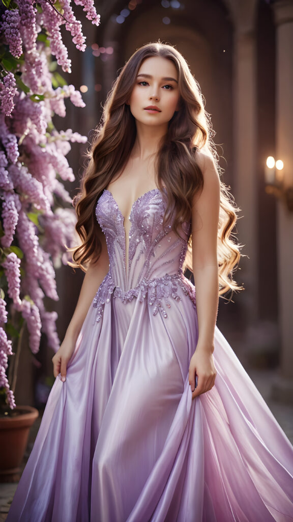 a (((breathtakingly beautiful girl))), with flowing, luxurious (((long hair))), dressed in a (((glowing, ethereal lilac gown))), surrounded by a (softly shimmering aura of magic) that invokes a sense of enchantment and elegance