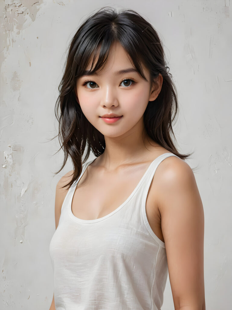 a (((breathtakingly realistic portrait))) capturing the essence of a cute youthful Korean teen girl, 15 years old, warm smile, with a flawlessly proportioned upper body, perfect curved fit body, straight, long, soft black hair in bangs cut, flawless, beautiful smooth skin, round angelic face with full kissable lips, wearing a thin and super sleek tank top, poised confidently against a (((white canvas background)))