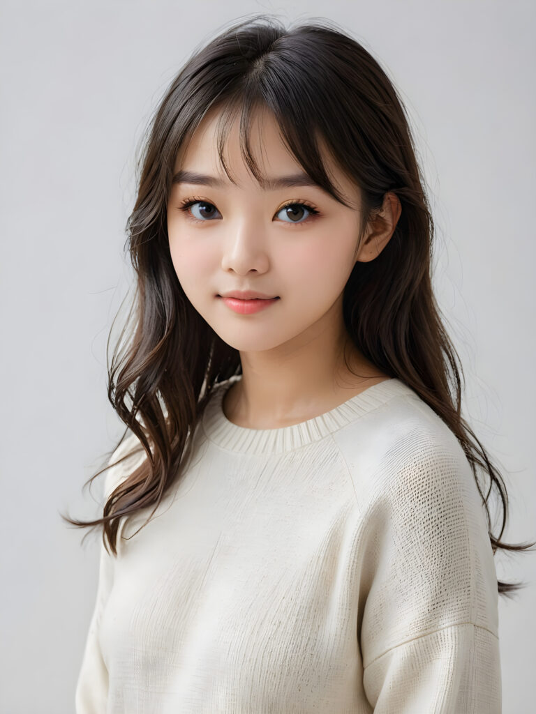 a (((breathtakingly realistic portrait))) capturing the essence of a cute youthful Korean teen girl, 15 years old, warm smile, with a flawlessly proportioned upper body, perfect curved fit body, straight, long, soft obsidian black hair in bangs cut, flawless, beautiful smooth skin, round angelic face with full kissable lips, wearing a thin and super sleek wool sweater, poised confidently against a (((white canvas background)))