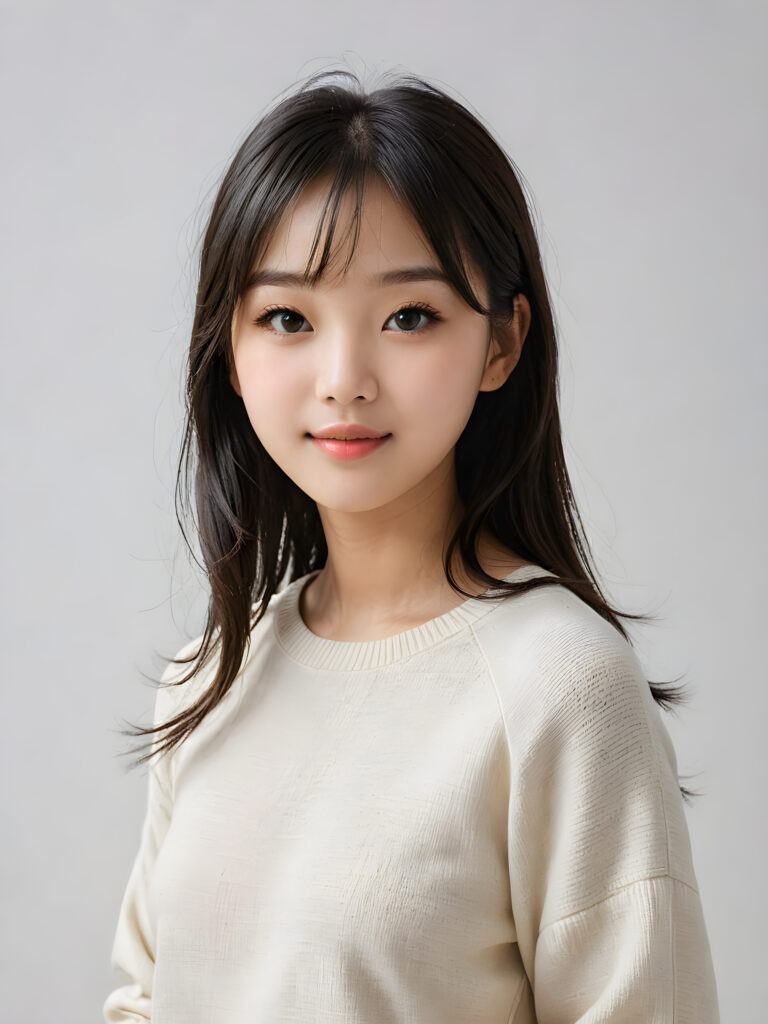 a (((breathtakingly realistic portrait))) capturing the essence of a cute youthful Korean teen girl, 15 years old, warm smile, with a flawlessly proportioned upper body, perfect curved fit body, straight, long, soft obsidian black hair in bangs cut, flawless, beautiful smooth skin, round angelic face with full kissable lips, wearing a thin and super sleek wool sweater, poised confidently against a (((white canvas background)))