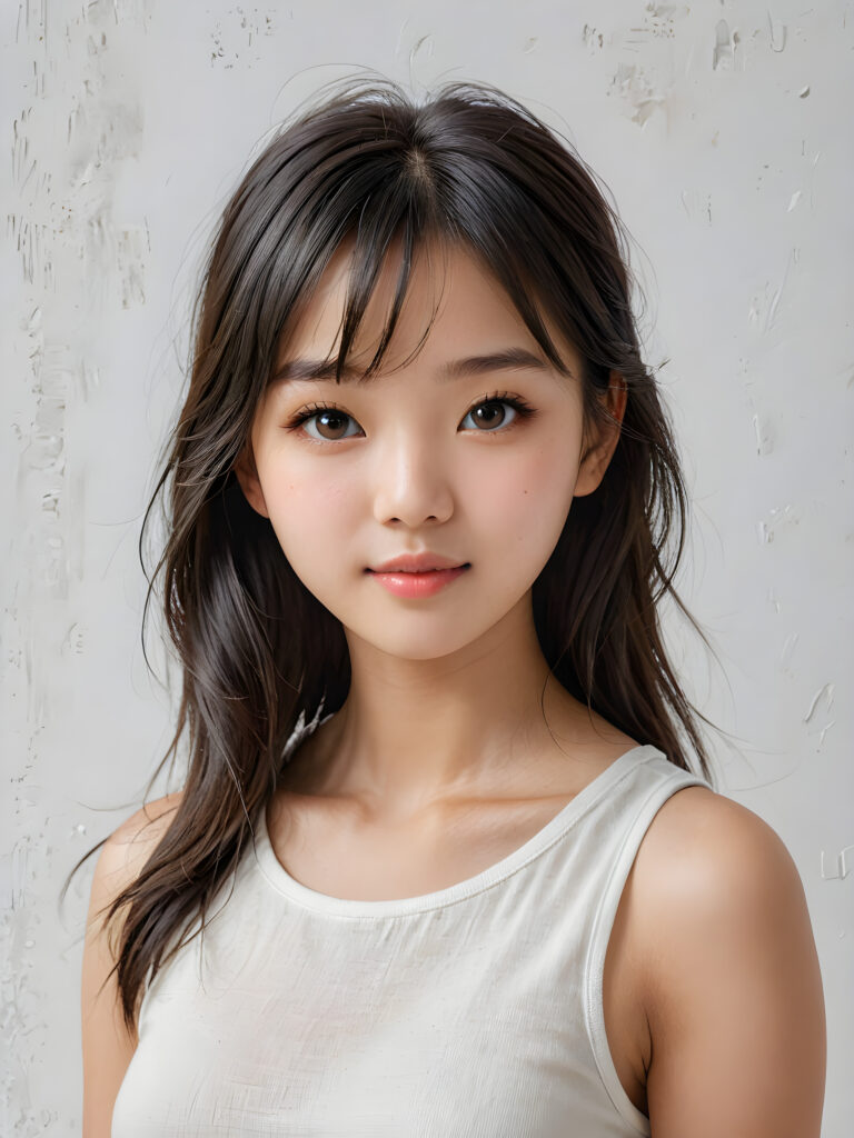 a (((breathtakingly realistic portrait))) capturing the essence of a cute youthful Korean teen girl, 15 years old, warm smile, with a flawlessly proportioned upper body, perfect curved fit body, straight, long, soft black hair in bangs cut, flawless, beautiful smooth skin, round angelic face with full kissable lips, wearing a thin and super sleek tank top, poised confidently against a (((white canvas background)))