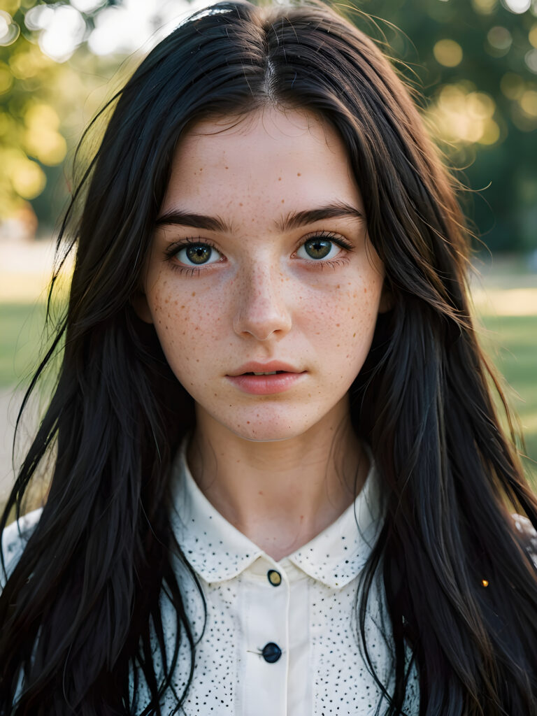 a breathtakingly beautiful natural (((16-year-old girl))) with warm amber eyes and luxuriously thick (((obsidian black soft hair))), which subtly shift towards a deep navy at the tips, framing a face adorned with delicate (((freckles))) and a serenely fair complexion