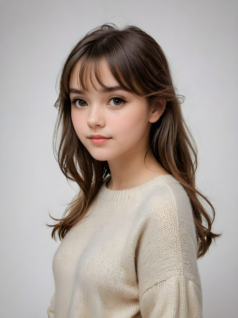 a breathtakingly realistic (((portrait))), capturing the essence of a youthful teen girl with a flawlessly proportioned upper body, long, straight soft hair, bangs cut, aged 15, wears a thin wool sweater, posed confidently before the viewer, ((a white canvas as a background)), ((side view))
