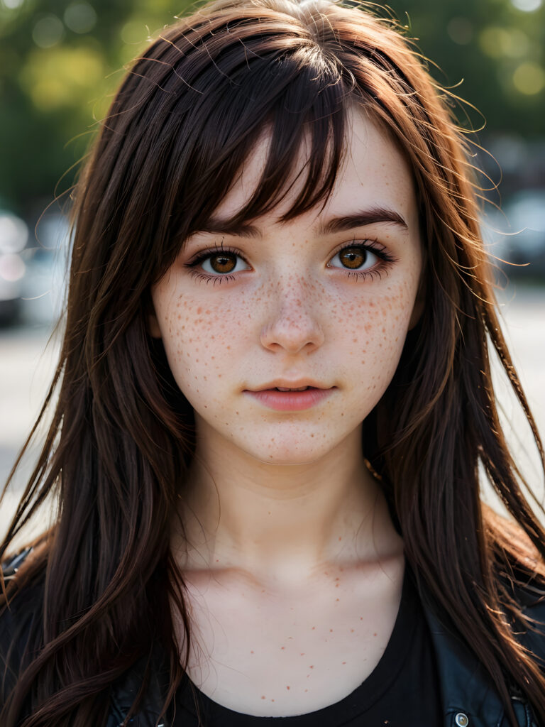 a breathtakingly beautiful (((14-year-old emo girl))) with warm amber eyes and luxuriously thick (((dark brown soft hair))), which subtly shift towards a deep navy at the tips, framing a face adorned with delicate (((freckles))) and a serenely fair complexion
