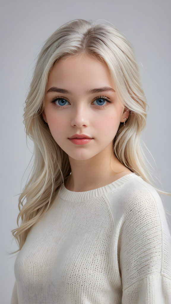 a breathtakingly realistic (((portrait))), capturing the essence of a youthful teen girl, 15 years old, with a flawlessly proportioned upper body, perfect curved fit body, long, straight, soft and sleek white hair, flawless, beautiful smooth skin, round angelic face with full kissable lips, wears a thin and super sleek wool sweater, light blue eyes, posed confidently before the viewer, ((a white canvas as a background))