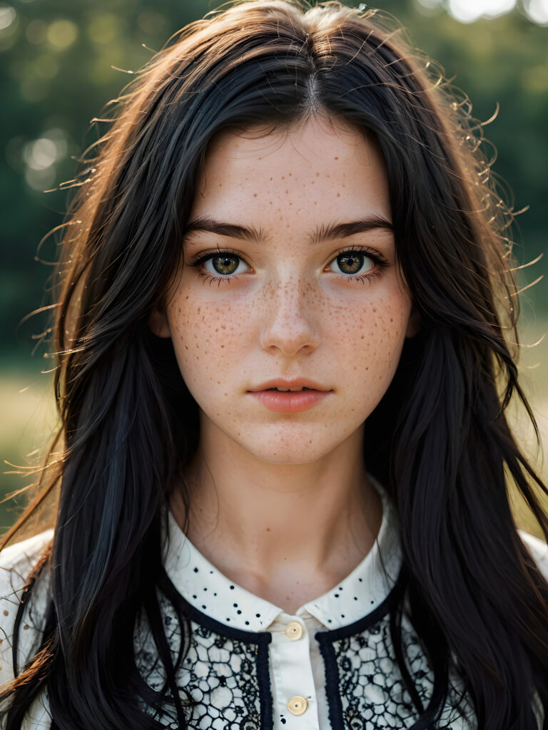 a breathtakingly beautiful natural (((16-year-old girl))) with warm amber eyes and luxuriously thick (((obsidian black soft hair))), which subtly shift towards a deep navy at the tips, framing a face adorned with delicate (((freckles))) and a serenely fair complexion
