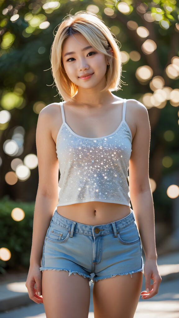 a breathtakingly (((full body portrait))) featuring a (((gorgeously cute female Japanese teen girl))), with an exquisite, deeply defined shadow, luxurious (((bokeh))), and a (((super high resolution))). The scene captures a young (((teen girl))) who is (((stunningly beautiful))), wearing a (((super short form-fitting low cut thin (tank top)))), (((super short pants))), and turning her head gracefully towards the viewer, with a warm, inviting smile that radiates across her (((realistically detailed straight blonde hair))), and a flawlessly proportioned, highly detailed (((curvy body))).