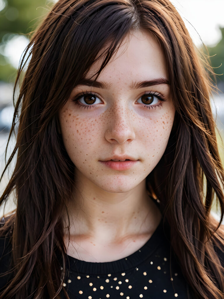 a breathtakingly beautiful (((14-year-old emo girl))) with warm amber eyes and luxuriously thick (((dark brown soft hair))), which subtly shift towards a deep navy at the tips, framing a face adorned with delicate (((freckles))) and a serenely fair complexion