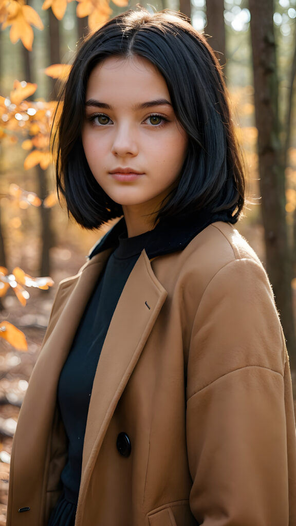 a breathtakingly beautiful natural (((16-year-old girl))) with warm amber eyes and luxuriously thick (((obsidian black soft hair, shoulder-length hair, with a bob))), full lips, ((wears a brown winter coat and stands in an autumnal forest))