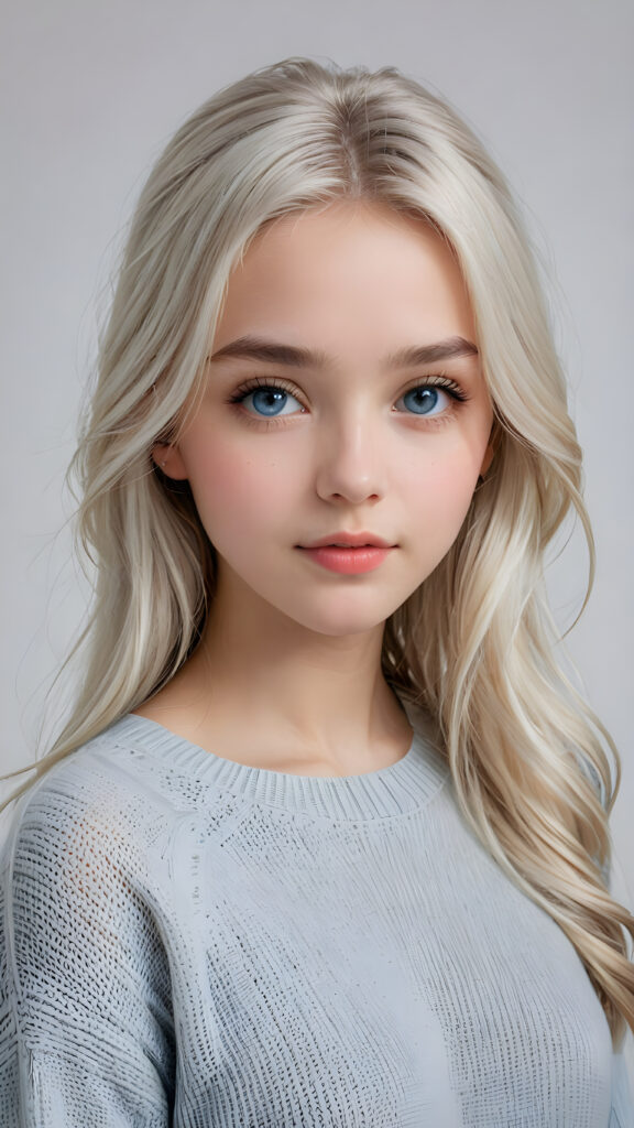 a breathtakingly realistic (((portrait))), capturing the essence of a youthful teen girl, 15 years old, with a flawlessly proportioned upper body, perfect curved fit body, long, straight, soft and sleek white hair, flawless, beautiful smooth skin, round angelic face with full kissable lips, wears a thin and super sleek wool sweater, light blue eyes, posed confidently before the viewer, ((a white canvas as a background))