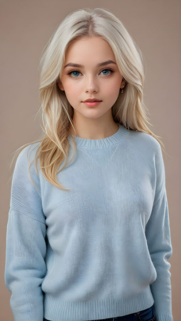 a breathtakingly realistic (((portrait))), capturing the essence of a youthful teen girl with a flawlessly proportioned upper body, perfect curved fit body, long, straight, soft and sleek white hair, round angelic face with full kissable lips, wears a thin and super sleek crop wool sweater, light blue eyes, posed confidently before the viewer, ((a white canvas as a background))