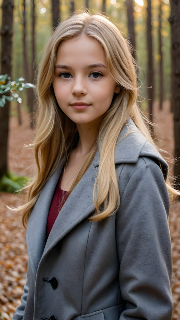 a breathtakingly beautiful natural (((teen girl))) with warm brown eyes and luxuriously thick (((blond soft hair, shoulder-length hair))), full lips, ((wears a grey winter coat and stands in an autumnal forest))