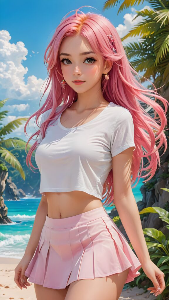 a breathtakingly beautiful (((portrait))), featuring a (((stunning girl, pink hair))) with intricate, details-filled ((long, straight soft hair)) cascading down her back in a sleek, flowing style against a (summery backdrop), she wears a (white short crop tank top) and a (round super short mini skirt)