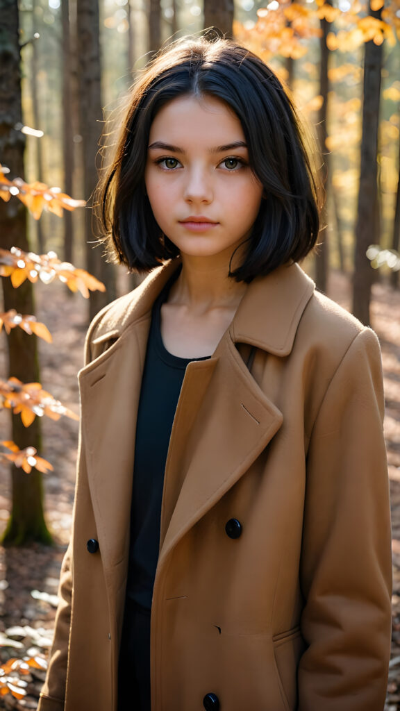 a breathtakingly beautiful natural (((16-year-old girl))) with warm amber eyes and luxuriously thick (((obsidian black soft hair, shoulder-length hair, with a bob))), full lips, ((wears a brown winter coat and stands in an autumnal forest))