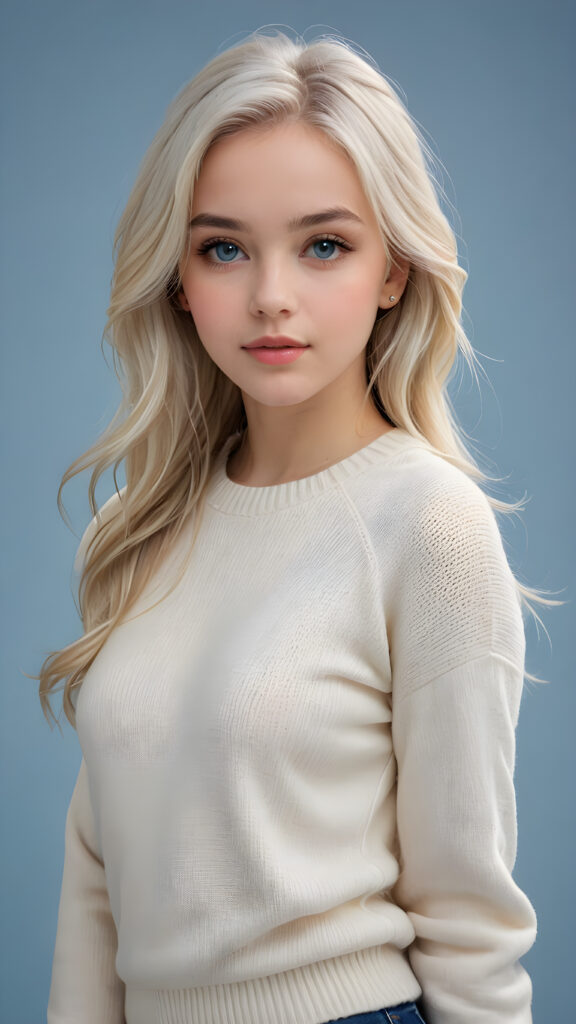 a breathtakingly realistic (((portrait))), capturing the essence of a youthful teen girl with a flawlessly proportioned upper body, perfect curved fit body, long, straight, soft and sleek white hair, round angelic face with full kissable lips, wears a thin and super sleek crop wool sweater, light blue eyes, posed confidently before the viewer, ((a white canvas as a background))
