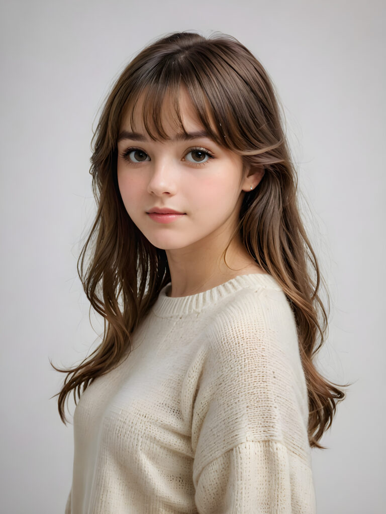 a breathtakingly realistic (((portrait))), capturing the essence of a youthful teen girl with a flawlessly proportioned upper body, long, straight soft hair, bangs cut, aged 15, wears a thin wool sweater, posed confidently before the viewer, ((a white canvas as a background)), ((side view))