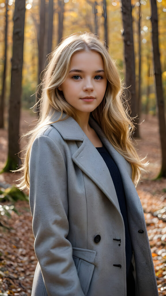 a breathtakingly beautiful natural (((teen girl))) with warm brown eyes and luxuriously thick (((blond soft hair, shoulder-length hair))), full lips, ((wears a grey winter coat and stands in an autumnal forest))