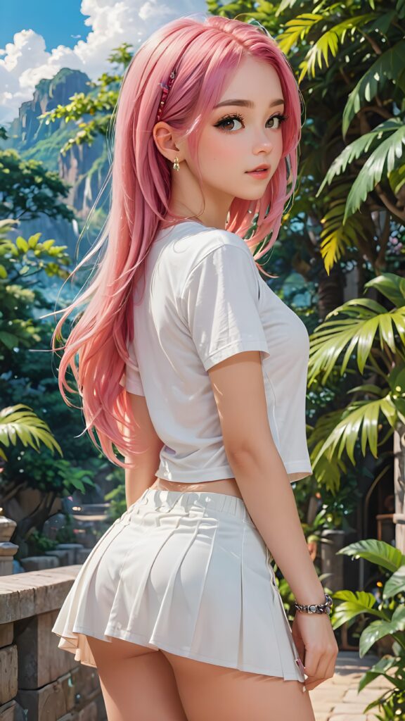 a breathtakingly beautiful (((portrait))), featuring a (((stunning girl, pink hair))) with intricate, details-filled ((long, straight soft hair)) cascading down her back in a sleek, flowing style against a (summery backdrop), she wears a (white short crop tank top) and a (round super short mini skirt)