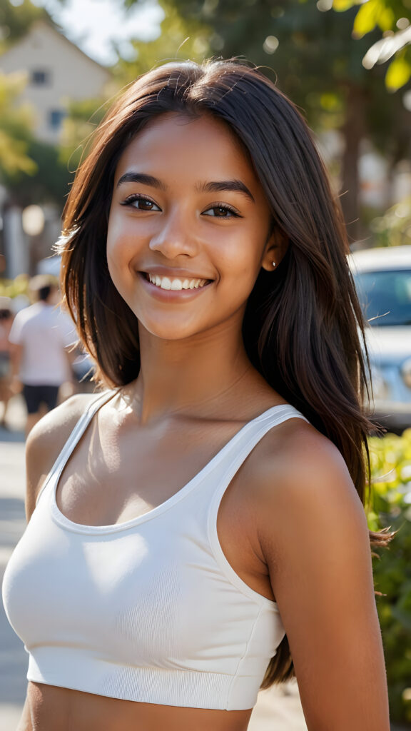 a (((brown-skinned teen girl))) with a joyful and sunny smile, wearing a sleek and fitted short crop white tank top that showcases her perfect, curves, captured in a (((flawless portrait))), with black long straight smooth hair