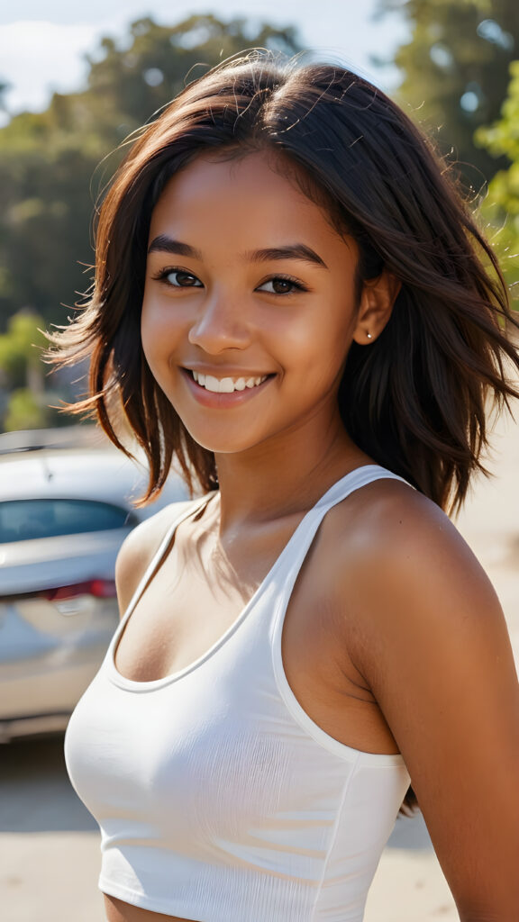a (((brown-skinned teen girl))) with a joyful and sunny smile, wearing a sleek and fitted short crop white tank top that showcases her perfect, curves, captured in a (((flawless portrait))), with black long straight smooth hair