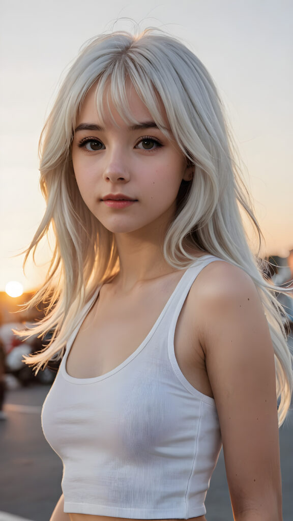 a (((cinematic scene))) featuring a (((very cute teen girl))), with details like a side-perspective hairstyle featuring bangs, straight, (((detailed long white hair))), an angelically perfect facial structure, and a super short, tight, (((tank top))), paired with a super short, cropped, round mini skirt that accurately reflects her proportionate anatomy, all against a backdrop of a (softly glowing, side-perspective) sunset