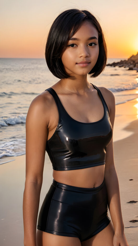 a (((cute brown-skinned teen girl))) aged 13, with a (((straight, glossy black bob))), radiating a sense of seduction as she poses confidently in a (((cropped tank top))), highlighting her perfectly curved figure against a backdrop of a (gorgeous sunset at the beach)
