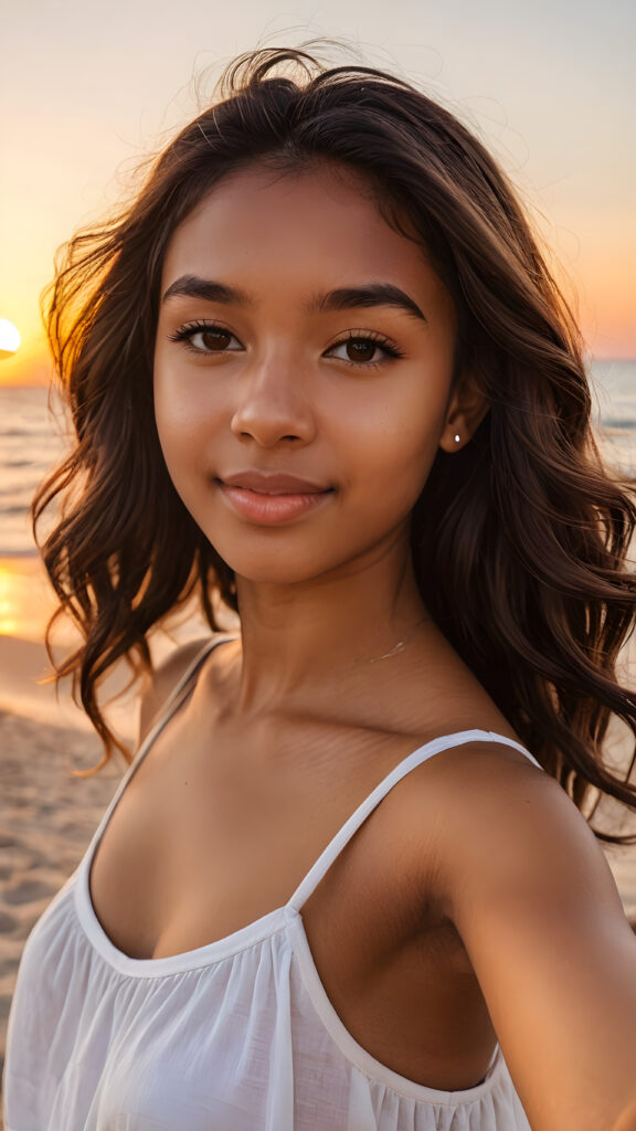 a (((cute brown-skinned teen girl))) take a selfie (gorgeous sunset at the beach)