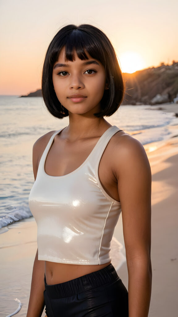a (((cute brown-skinned teen girl))) aged 13, with a (((straight, glossy black bob))), radiating a sense of seduction as she poses confidently in a (((cropped tank top))), highlighting her perfectly curved figure against a backdrop of a (gorgeous sunset at the beach)