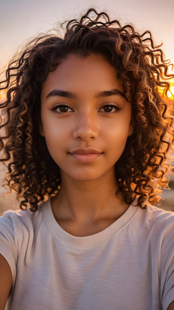 a (((cute brown-skinned teen girl))) with naturally curly, brown-toned hair and a realistically drawn face capturing a perfect moment of taking a selfie against a backdrop of a (((gorgeous sunset))), with its radiant hues bouncing off her skin