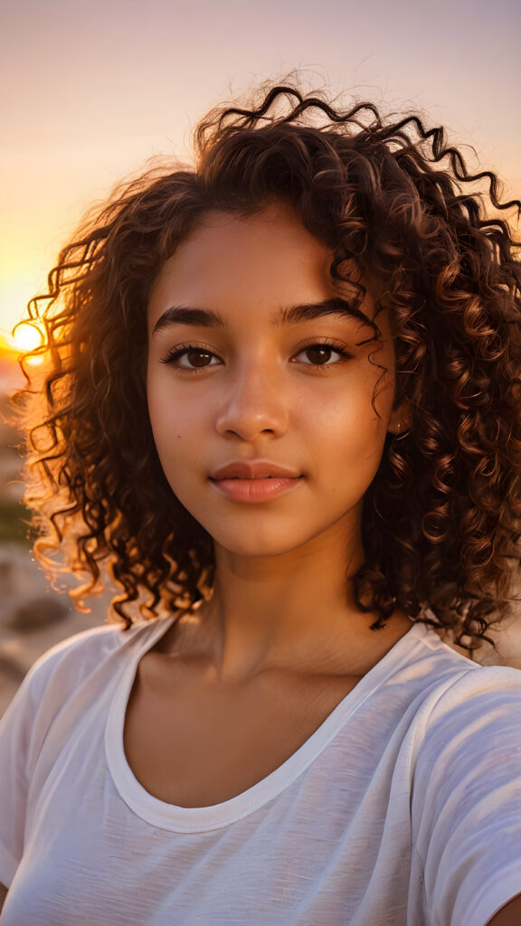 a (((cute brown-skinned teen girl))) with naturally curly, brown-toned hair and a realistically drawn face capturing a perfect moment of taking a selfie against a backdrop of a (((gorgeous sunset))), with its radiant hues bouncing off her skin