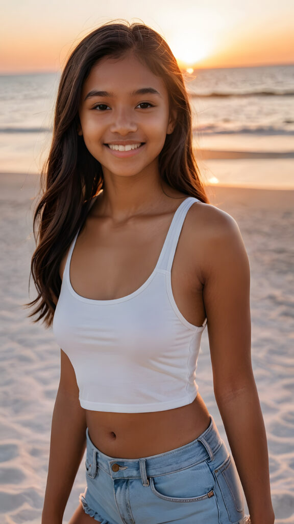 a cute (((brown-skinned teen girlie))), 13 years old, smile, straight black long hair, who exudes an air of seduction with a (((cropped tank top))), exhibiting a perfect curved body, (take a selfie at beach, beautiful sunset)