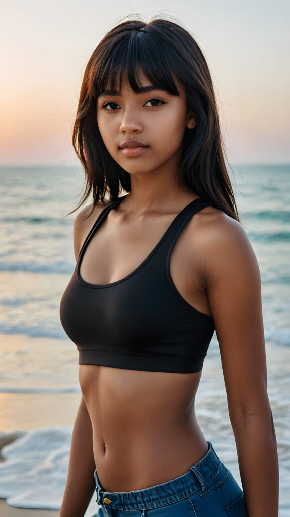 a cute (((dark-skinned teen girlie))), straight black long hair in bangs cut, who exudes an air of seduction with a (((cropped tank top))), exhibiting a perfect, (curvaceous body) (at beach)