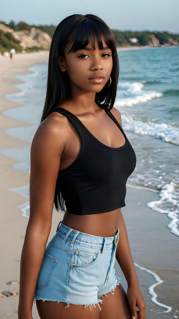 a cute (((dark-skinned teen girlie))), straight black long hair in bangs cut, who exudes an air of seduction with a (((cropped tank top))), exhibiting a perfect, (curvaceous body) (at beach)