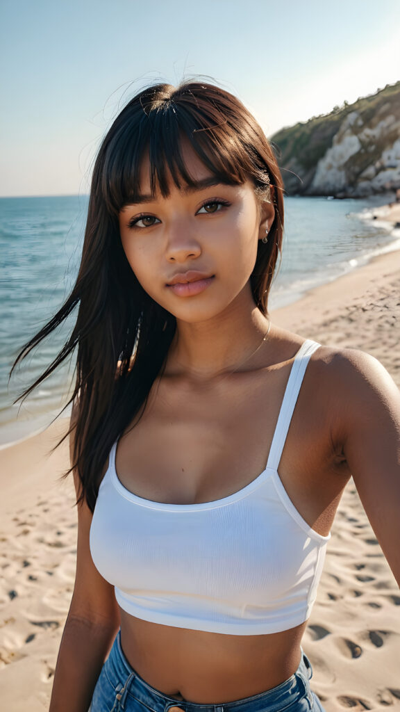 a cute (((dark-skinned teen girlie))), straight black long hair in bangs cut, who exudes an air of seduction with a (((cropped tank top))), exhibiting a perfect curved body, (take a selfie at beach)