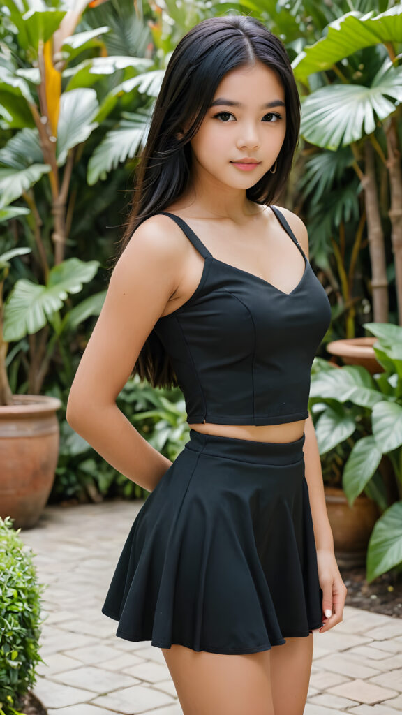 a (((cute exotic teen girl))) dressed in a (((black dress))), with a sleek black crop top and matching black short mini skirt, showcasing a beautifully proportioned figure and long, flowing black hair that gracefully falls down her back, embodying an air of sophistication and exoticism, standing in a garden