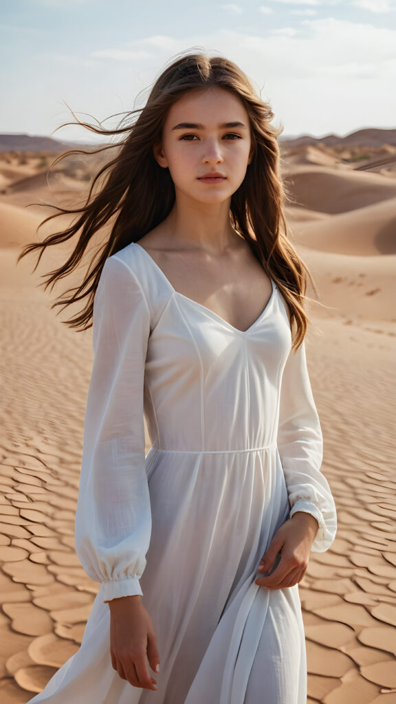 a cute girl, 16 years old, white dressed, she stands alone in the middle of a sandy desert, her long hair blows in the wind ((realistic detailed photo))