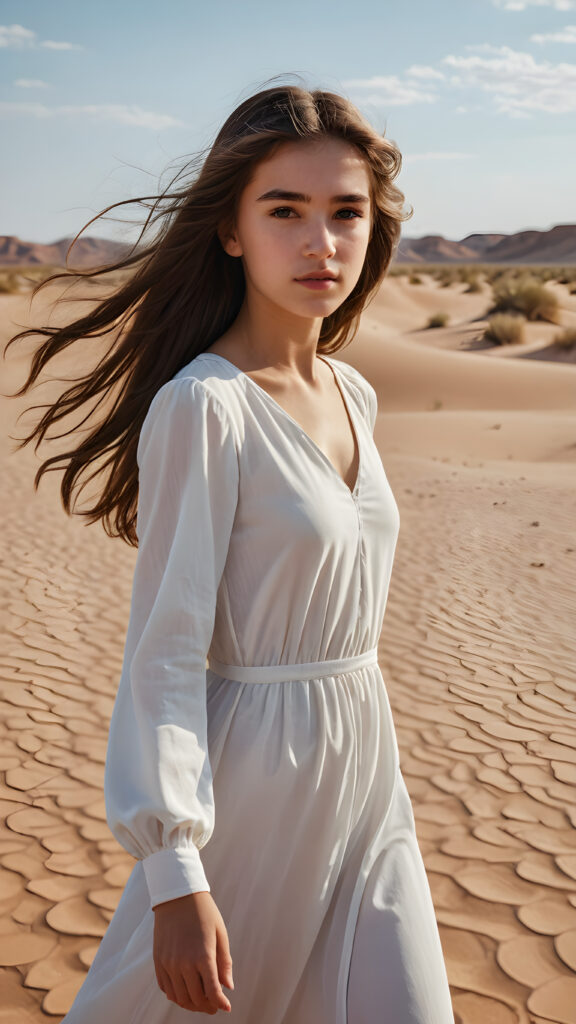 a cute girl, 16 years old, white dressed, she stands alone in the middle of a sandy desert, her long hair blows in the wind ((realistic detailed photo))