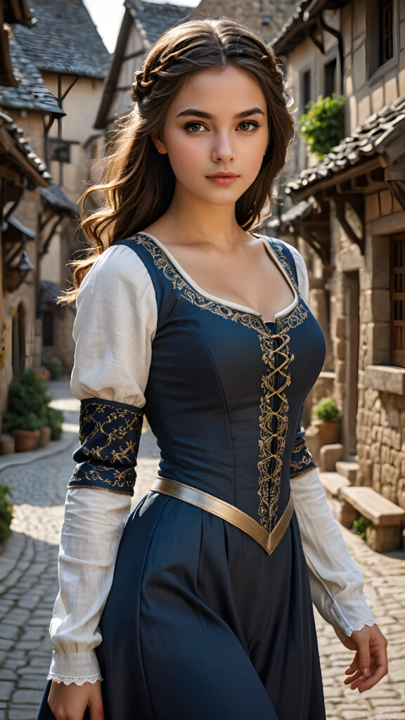 a (((cute girl in a medieval village))) with exquisite detailed hair, a perfectly curvaceous body, striking realistic black eyes, intricate straight hair, dressed in a sleek, form-fitting outfit that accentuates every curve, captured in a (((breathtakingly beautiful photo))), oozing with (ultra realism) and (ultra high resolution), with luxurious, deep shadows that bring a (masterful artistry) vibe
