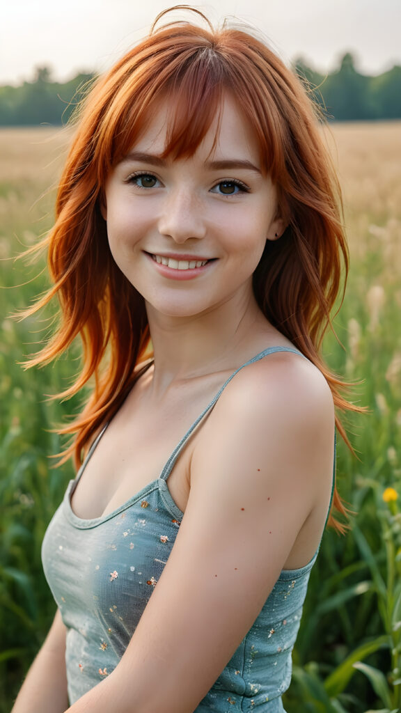 a (((cute little red-haired teen girl))), bangs cut, smile very happy, stands confidently in a field, she wears a thin tank top, perfect body ((perfect portrait))